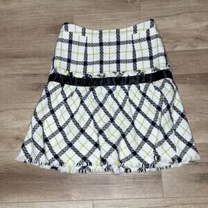 Etcetera Women's Black/White Tweed Pleated Plaid Skirt with Ribbon Trim sz 6
